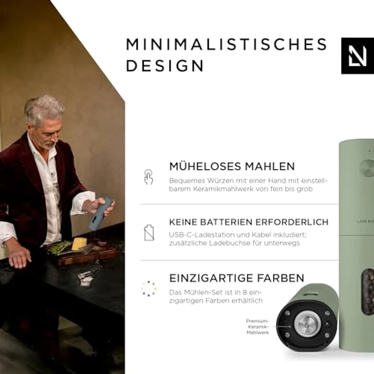 LARS NYSØM Salz und Pfeffer Mühle Elektrisch 2er Set mit einstellbarem Keramik-Mahlwerk von grob bis fein I Design Gewürzmühlenset Automatisch (2 Stück, Sage) – Bild 2