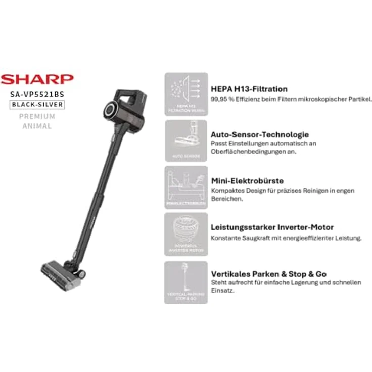 SHARP SA-VP5521BS, Kabelloser Staubsauger mit 450W BLDC-Motor, Automatischem Sensor, HEPA H13-Filter, 65 Minuten Laufzeit, LED-Display – Bild 2