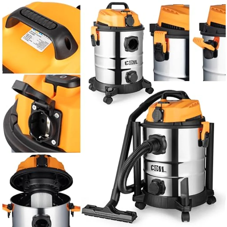 COIL Industriesauger Profi Nass- & Trockensauger, 1300 W, 25-Liter Edelstahlbehälter, mit HEPA-Filter, Steckdose & Blasfunktion, beutellos, 18 kPa Saugkraft – Bild 5