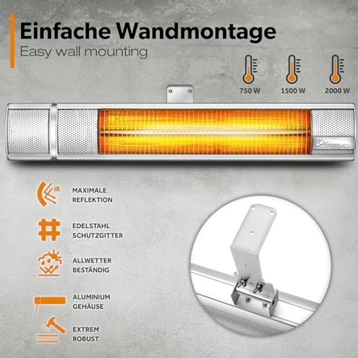 TRESKO Infrarot Heizstrahler 2000W mit Fernbedienung | Quarz-Röhre 30% sparsamer, 3 Heizstufen | Innen & Außen, Edelstahl, Aluminium | Wand-Heizstrahler Wickeltischstrahler, leise – Bild 4