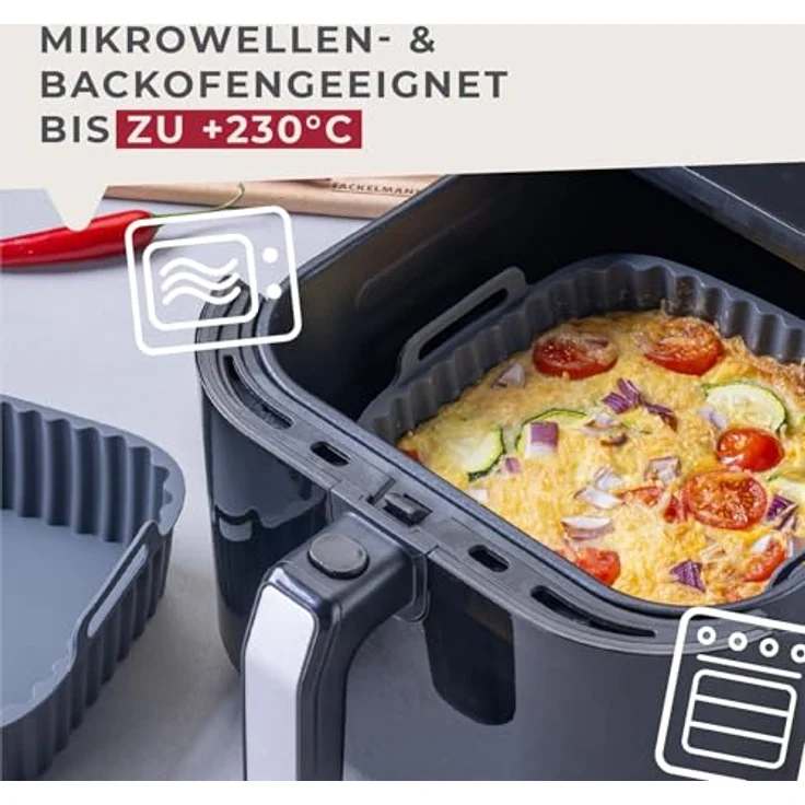 Fackelmann Silikonform für Heißluftfritteuse, 17 cm eckig, aschgrau, antihaftbeschichtet und spülmaschinengeeignet für knusprige Gerichte – Bild 5