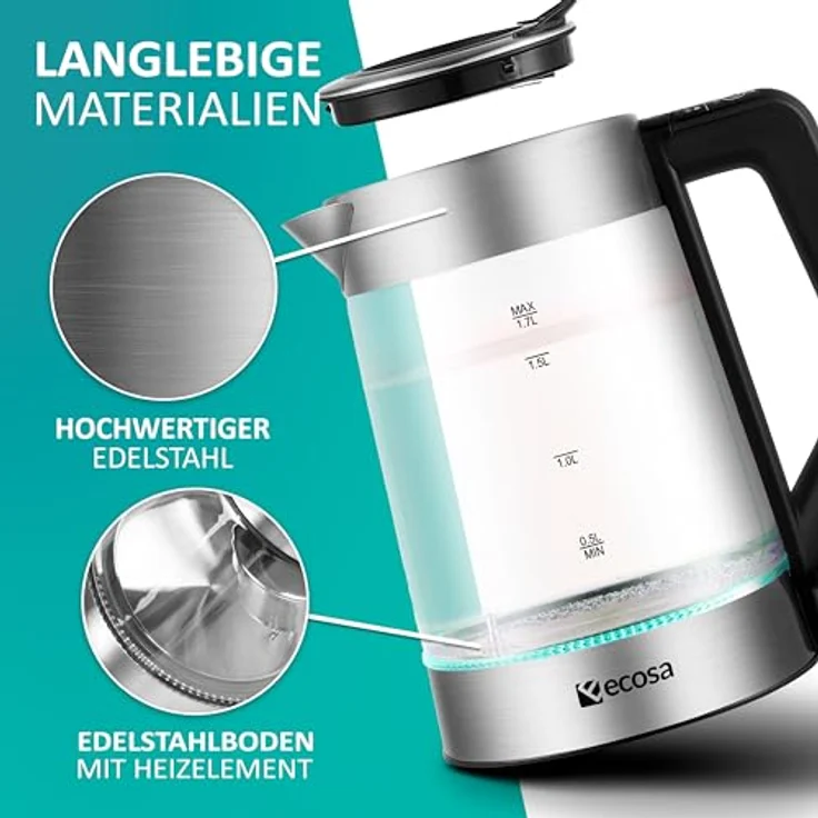 Ecosa EO-660 Glas-Wasserkocher, 2200W, 1,7L, Wasserstandsanzeige, Überhitzungsschutz – Bild 9