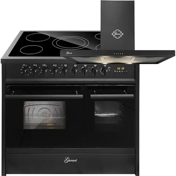 GURARI Elektro-Standherd GCH E 912 DF BL, 90 cm mit Doppelbackofen, 1-fach-Teleskopauszug und Dunstabzugshaube GCH F 461 BL, saugstark bis 1000 m³/h, elegantes Design