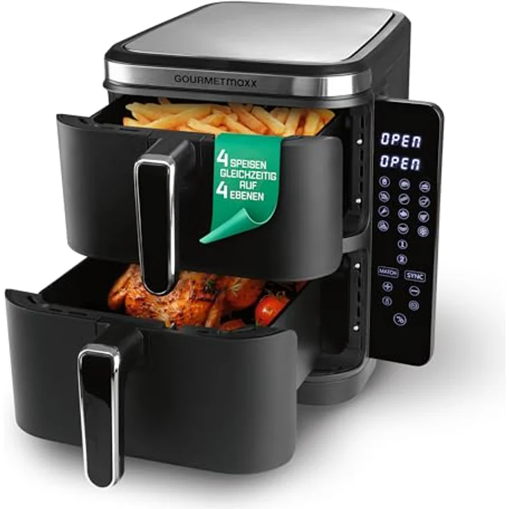 GOURMETmaxx FryUp Vertikale Doppelkammer Heißluftfritteuse 10 Liter | 4 Speisen auf 4 Ebenen | klappbares Touchdisplay | 32% platzsparender | Schwarz – Bild 1