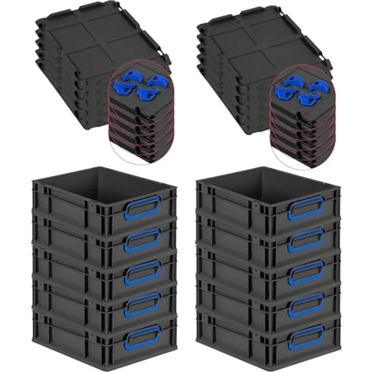 PROREGAL Eurobox NextGen Color, 10x Transportbehälter 11L, Schwarz mit blauen Griffen, HxBxT 12x30x40cm, inkl. Auflagedeckel & Schiebeschnappverschlüsse