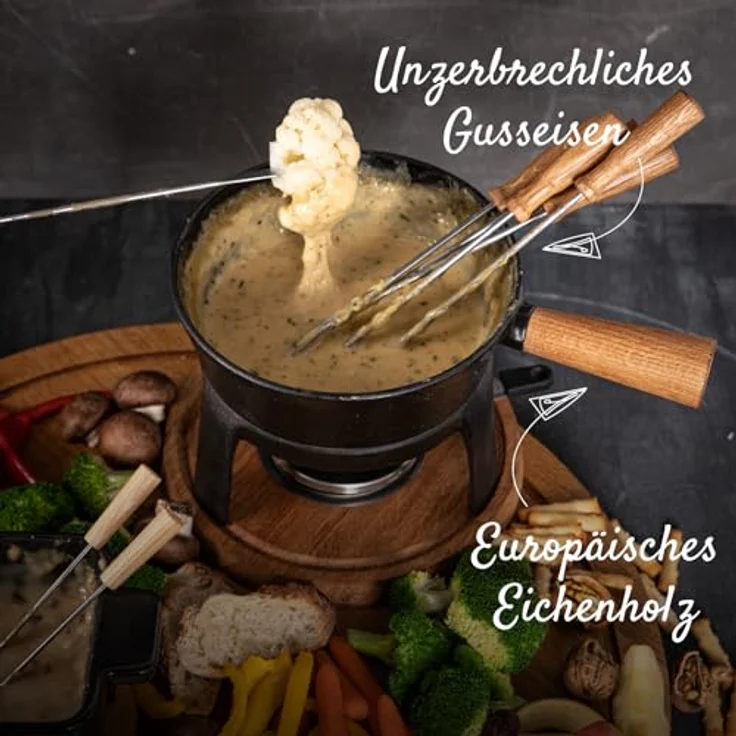 Boska Fondue Pro Set L, Käsefondue, Fondue-Set, Fonduetopf, Gusseisen, Eichenholz, Edelstahl, Schwarz, 1.5 L, 853551 – Bild 5