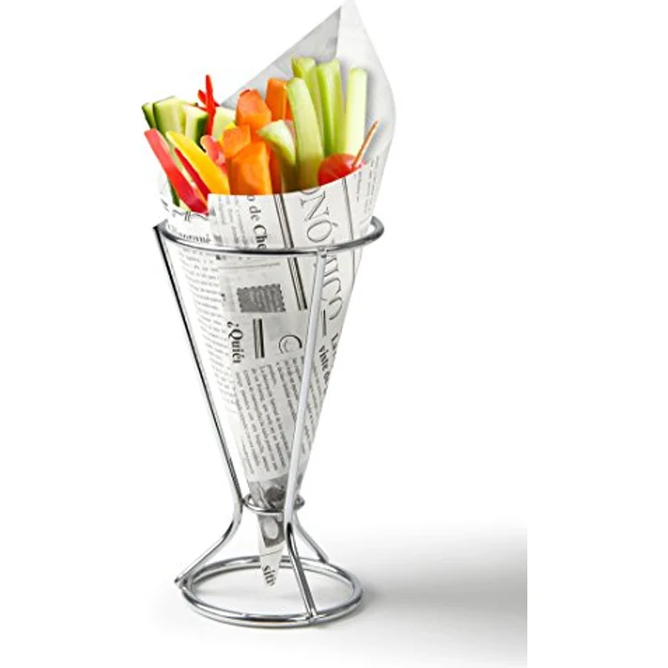 Fackelmann Fingerfoodhalter mit Spitztüten, Pommeshalter inklusive 5 fettabweisenden Papiertüten, Snackständer mit Tüten im Zeitungsdesign (Farbe: Silber, Weiß/Schwarz), Menge: 1 x Halter, 5 x Tüten – Bild 5