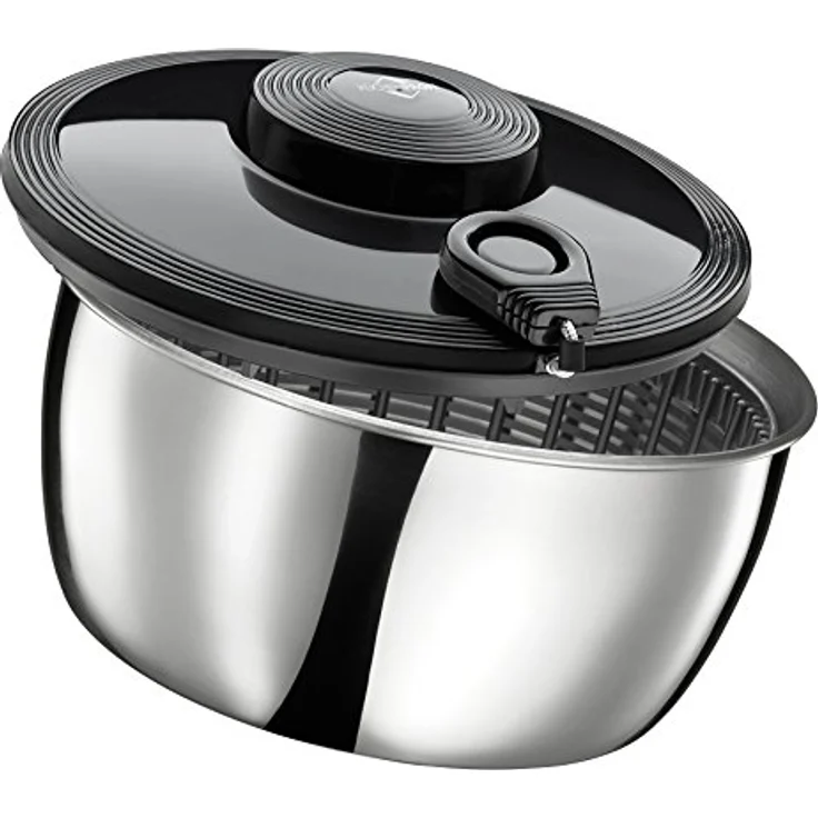 Küchenprofi Salatschleuder, Schwarz, Silber, rostfreier Edelstahl, 3,25 L/Ø 24 cm mit Seilzug, Sieb und Basisplatte, für Salat, Kräuter und Beeren, Salatschüssel mit Deckel – Bild 2