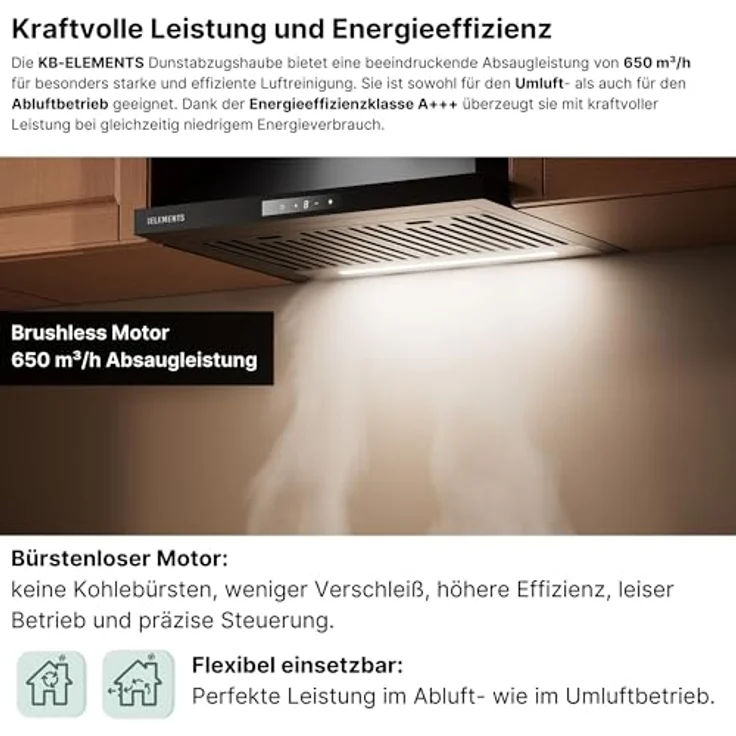 KB ELEMENTS Dunstabzugshaube Unterbau 60 cm, Touch- und Gestensteuerung, 650 m³/h, Doppelter Motor, Abluft/Umluft, mit Glasfront und LED-Beleuchtung – Bild 2