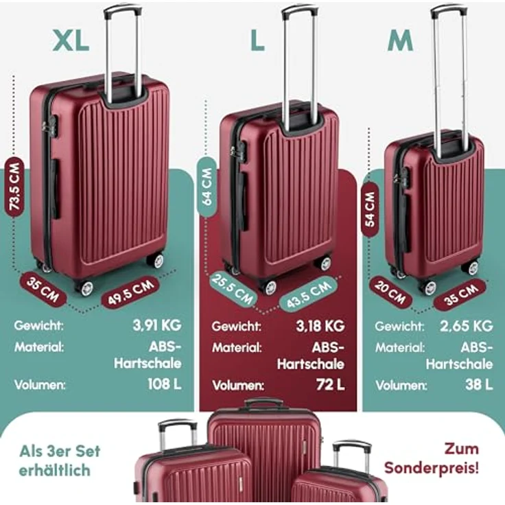 Easy Move ABS Hartschalenkoffer 74cm - Großer Trolley mit 360° Rädern, Ergonomischem Griff & Zahlenschloss, Wine Red – Bild 5