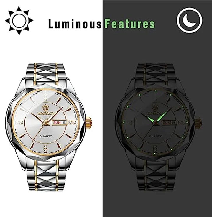 JewelryWe Herrenuhr Edelstahl Analog Quarz, Silber mit leuchtenden Zeigern, Datum/Woche Kalender, 30m wasserdicht – Bild 5