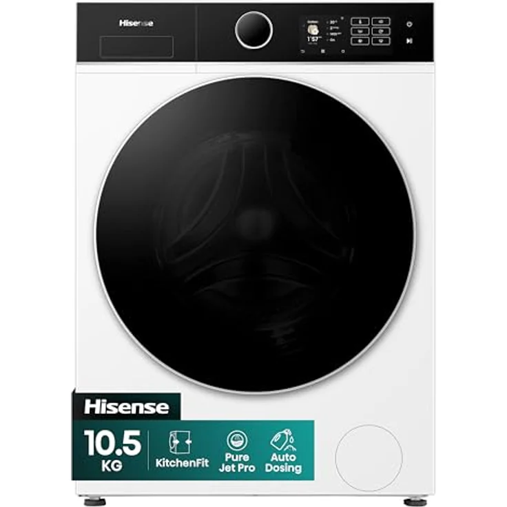 Hisense WF5I1045BWQ, Freistehend Waschmaschine mit 10,5 kg Fassungsvermögen, 1400 U/min, Energieeffizienz A, 72 dB, schwarz – Bild 1