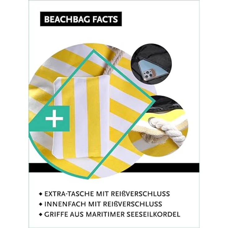 DonDon Strandtasche XXL mit Reißverschluss, gestreifte Shopper Tasche in gelb und weiß, praktische Badetasche für Strand und Meer mit separater Innentasche – Bild 4
