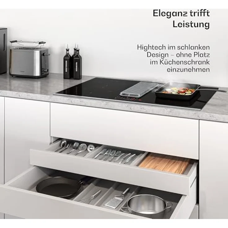 Klarstein Verosteel IR474F-S4-80-0, Induktionskochfeld mit Dunstabzug, 4 Zonen, 80 cm, Touch-Steuerung, schwarz/elegant Edelstahl – Bild 3