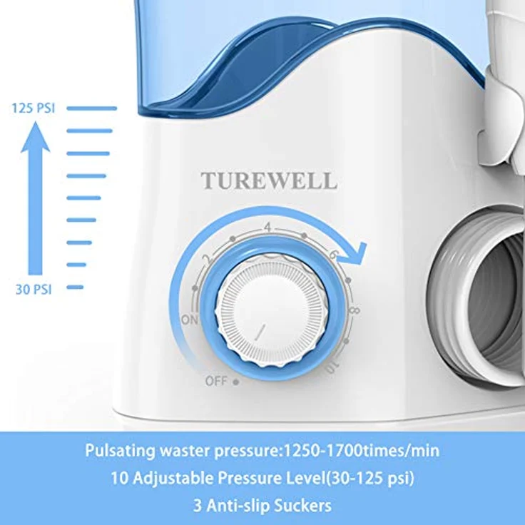 TUREWELL Elektrische Munddusche, Profi-Munddusche mit 10 einstellbaren Wasserdruckwerten, 600ml Fassungsvermögen und 8 multifunktionalen Düsenspitzen (Weiß) – Bild 3