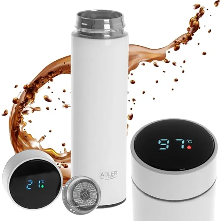 ADLER EUROPE AD4506W Thermobecher, Edelstahl Kaffee- und Teeflasche mit 473ml, heiß bis 8 Stunden, kalt bis 12 Stunden, Temperaturanzeige, Kaffeeseparator