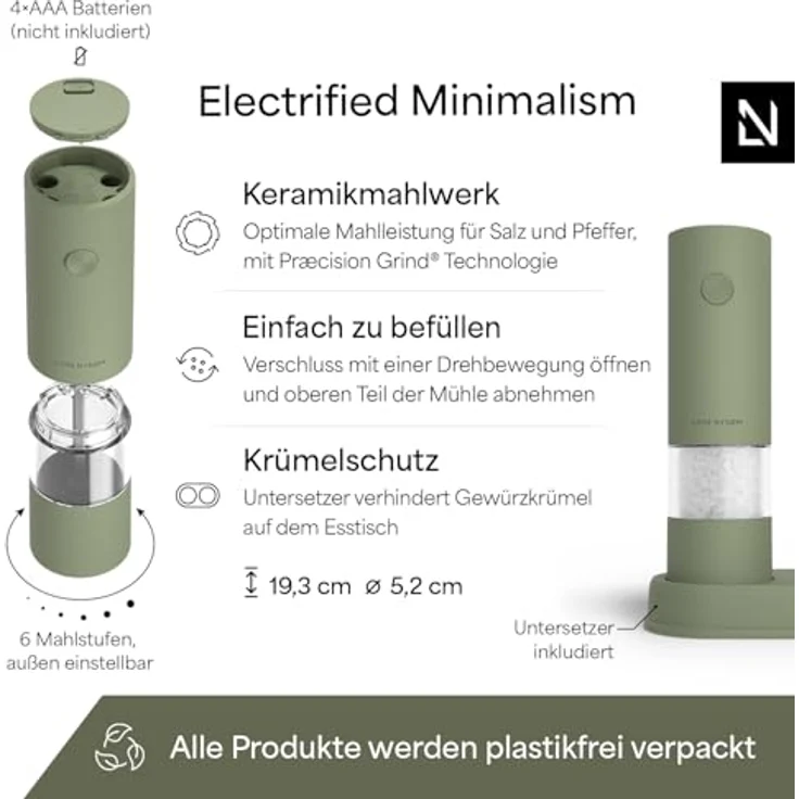 LARS NYSØM Gewürzmühle Kryd, 2er Set mit stufenlosem Keramikmahlwerk und Untersetzer für Salz, Pfeffer und Gewürze – Bild 4