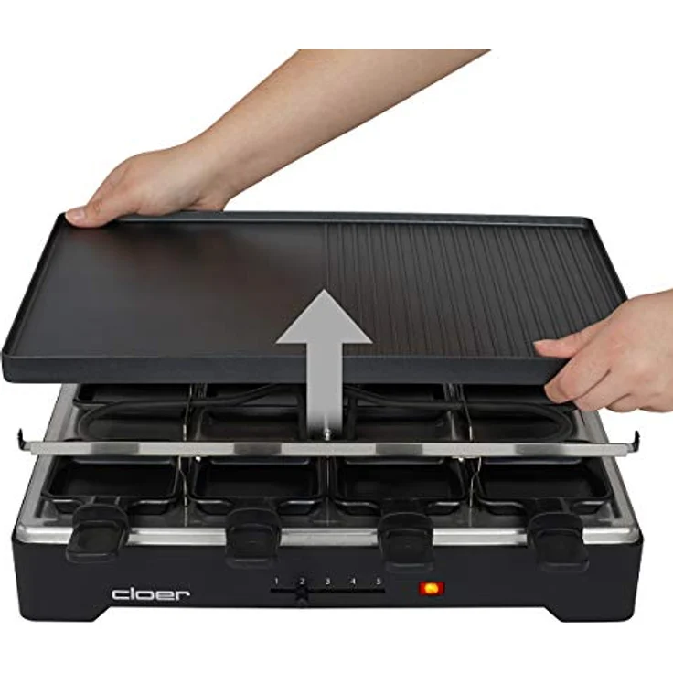Cloer 6446 Raclettegrill mit Aluminium Druckguss Platte - beidseitig verwendbar, 1200 W, 8 antihaftbeschichtete Raclettepfännchen, schwarz – Bild 6