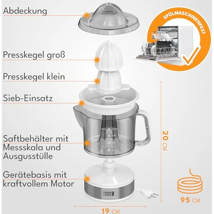 Lebenlang Elektrische Zitruspresse, 40 W, BPA-frei, zwei Drehrichtungen, spülmaschinenfest, Auto ON/OFF, 700 ml Behälter – Bild 5