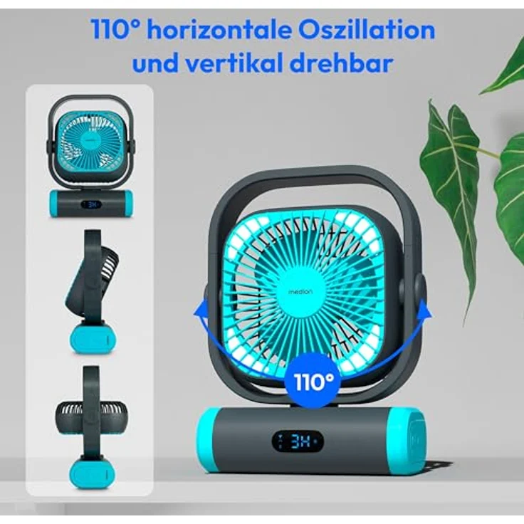 MEDION Tischventilator E10 TF, mobiler Campingventilator mit 5 Geschwindigkeitsstufen, Oszillation, Fernbedienung, Akku, Powerbankfunktion und LED Licht – Bild 3
