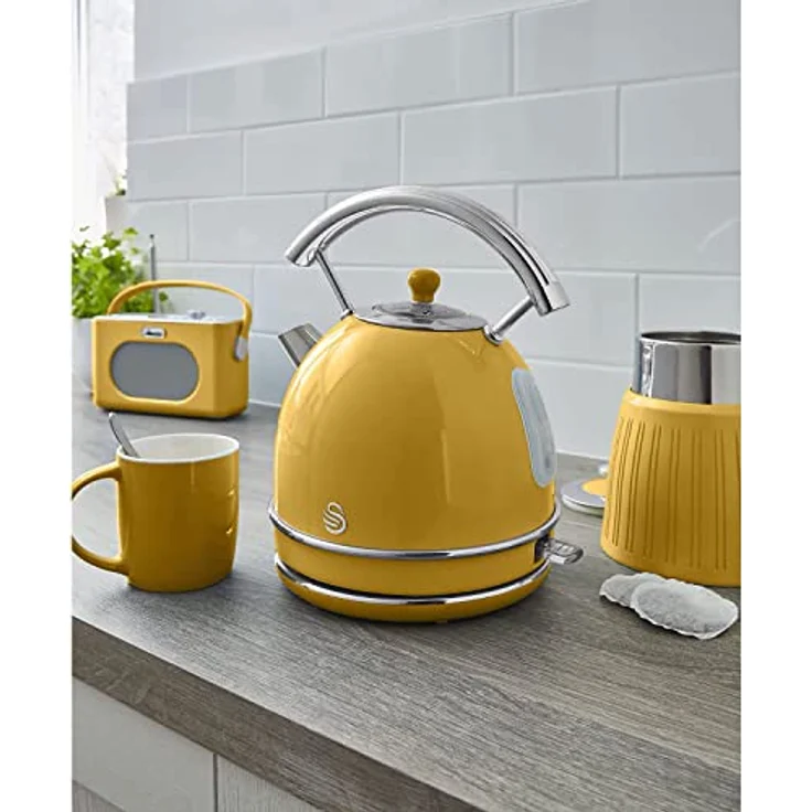 Swan Retro Wasserkocher 1,8 Liter, Vintage Design, 2200W, kabellos, BPA-freier Edelstahl, Gelb, mit Abschaltautomatik und Anti-Kalk-Filter – Bild 3