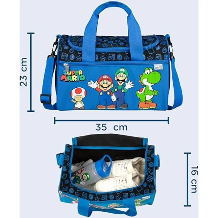 Scooli Sporttasche Super Mario, Kinder Sporttasche mit großem Hauptfach und Reißverschluss, 10,5 Liter, blau – Bild 2