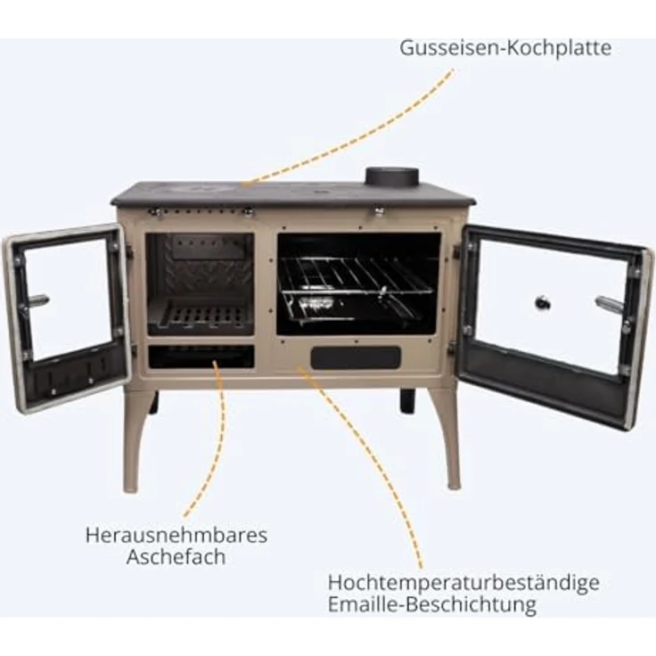 365 Küchenherd Cook Lite, emailliert in Beige, 8,5 kW Gusseisen mit Sichtscheibe und Thermometer – Bild 3