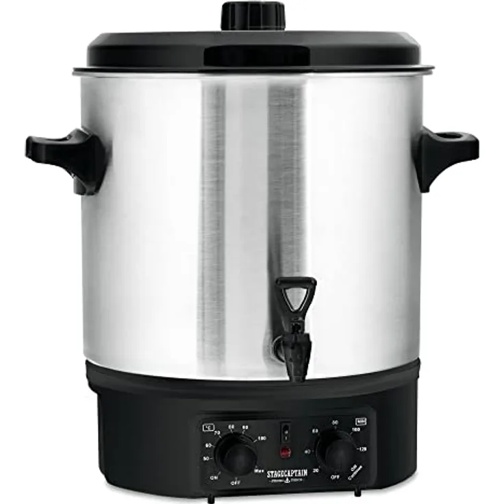 Stagecaptain GWK-27A Glühweinkocher - Einkochautomat mit 27 Liter - 2000 Watt - Gebürsteter Edelstahl - Einfache Bedienung (Temperatur und Zeitschaltuhr) - Abschaltautomatik - Silber