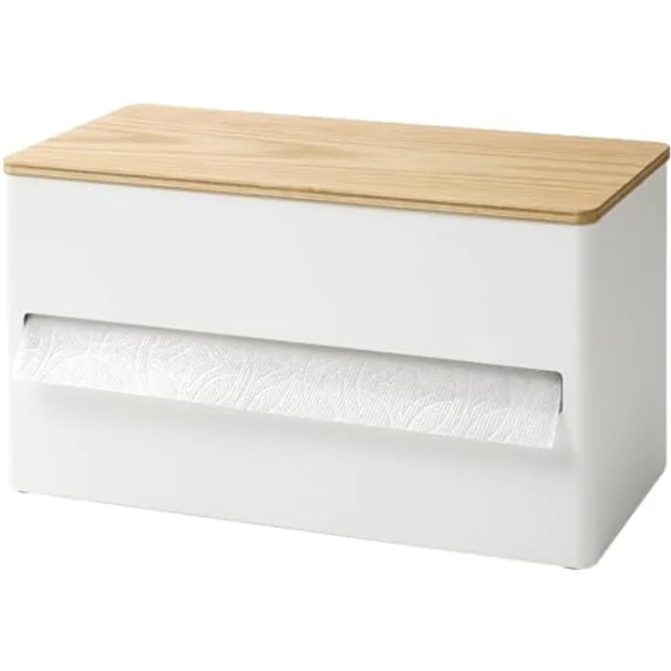 Yamazaki Küchenrollenhalter "Rin", eleganter Papier-Abroller in Weiß mit Holzablage im Querformat