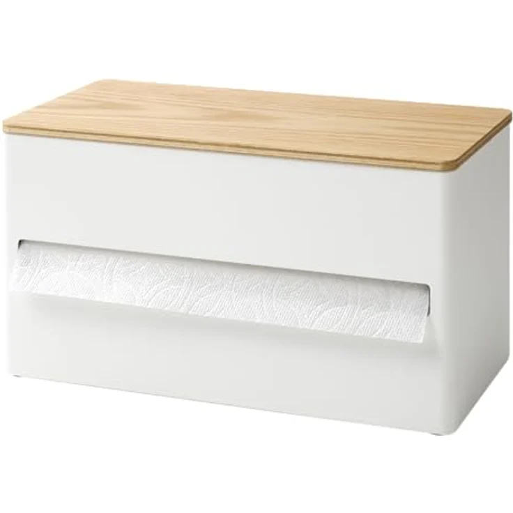 Yamazaki Küchenrollenhalter "Rin", eleganter Papier-Abroller in Weiß mit Holzablage im Querformat – Bild 1