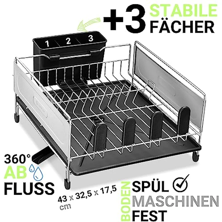 LINFELDT® Abtropfgestell Geschirr Edelstahl 43x33cm - TOP MIT ABFLUSS | Geschirrabtropfgestell Schwarz - Geschirrablage für Spüle | Dish Drying Rack Geschirrabtropfgestell Edelstahl – Bild 3