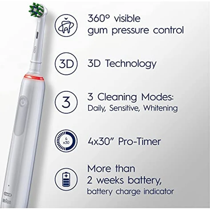 Oral-B PRO 3 3000 Elektrische Zahnbürste/Electric Toothbrush, 2 Sensitive Clean Aufsteckbürsten, 3 Putzmodi und visuelle 360° Andruckkontrolle für Zahnpflege, Geschenk Mann/Frau, weiß – Bild 5