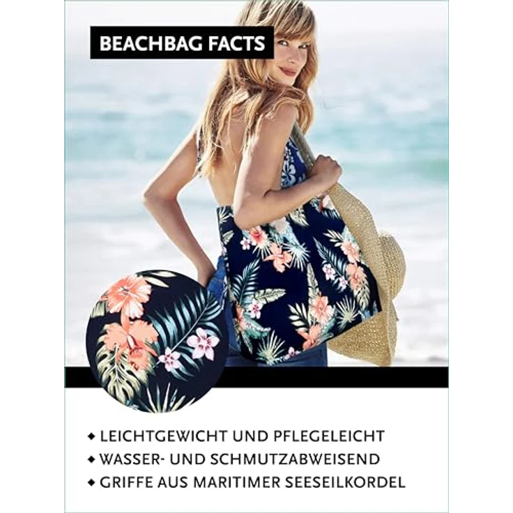 DonDon Strandtasche XXL mit Reißverschluss, praktische Umhängetasche für Damen im Hawaiian Flower Design, 58 x 38 x 18 cm, inkl. Mini Tasche – Bild 5