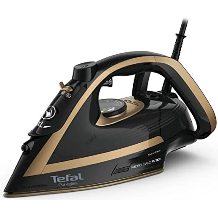 Tefal FV8064 Puregliss Dampfbügeleisen | 3000 Watt | 280 g/Min. Dampfstoß | 0-50 g/Min. variabler Dampf | Vertikaldampf | Durilium AirGlide Autoclean Bügelsohle | Micro-Calc-Filter | Schwarz/Gold – Bild 1