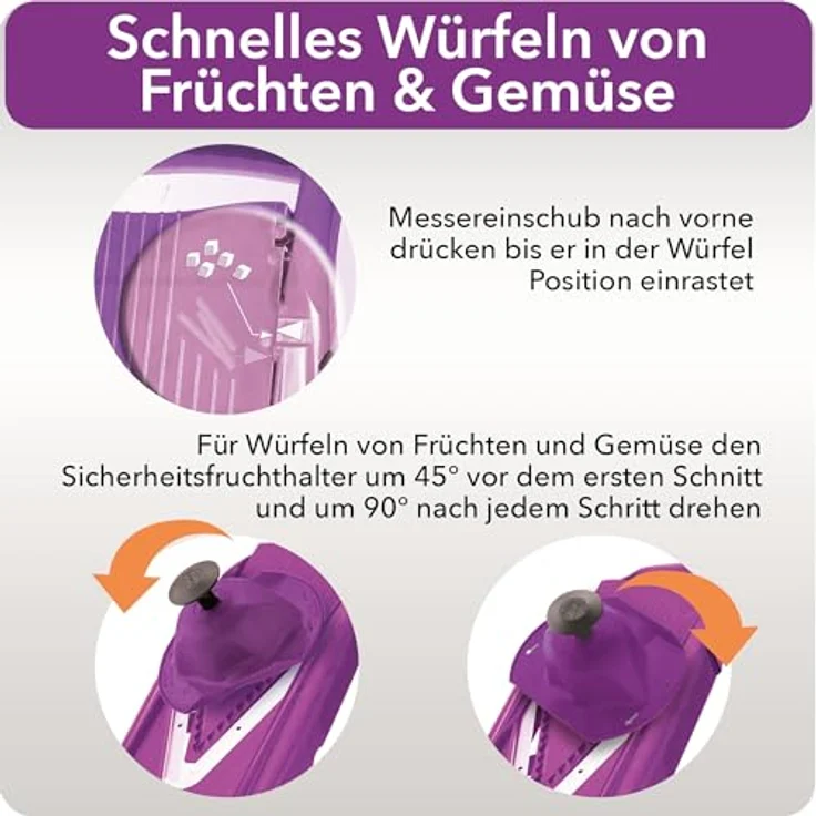 Börner V5 PowerLine Gemüsehobel Starter Set (6-tlg.) • Gemüseschneider (V-Hobel) für Obst & Gemüse + Fruchthalter + Einschübe mit Box • 4 Schnittstärken • Küchenhobel-Set (Violett) – Bild 5