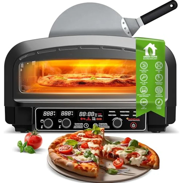 TurboTronic TT-PO14, Pizzaofen bis 450°C für 37cm Pizzen mit Pizzastein, 2200W elektrisch, Indoor/Outdoor, 6 Programme, mobiler Mini Backofen – Bild 1