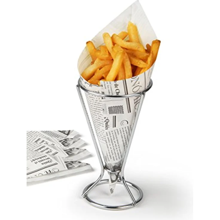 Fackelmann Fingerfoodhalter mit Spitztüten, Pommeshalter inklusive 5 fettabweisenden Papiertüten, Snackständer mit Tüten im Zeitungsdesign (Farbe: Silber, Weiß/Schwarz), Menge: 1 x Halter, 5 x Tüten – Bild 2