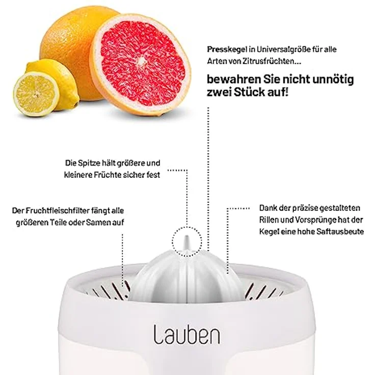 Lauben Electric Citrus Juicer 110WT Elektrische Zitruspresse mit Anti-Drip-Funktion, Leiser Betrieb, Filter für Fruchtfleisch, Automatisches Einschalten - Silber – Bild 2