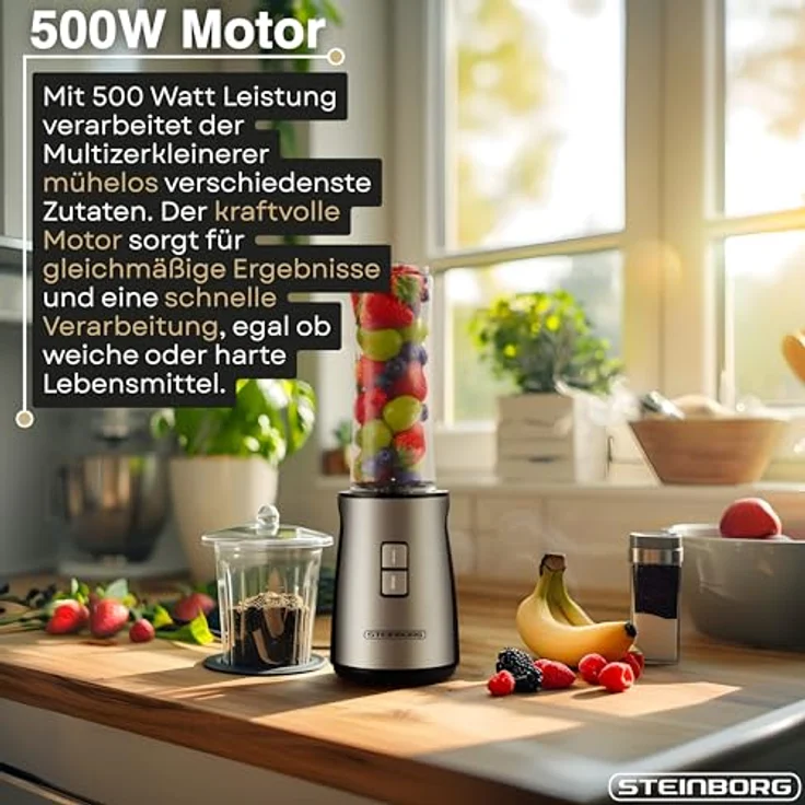 STEINBORG Standmixer SB-2650, 500 W, 1,8 Liter Glasbehälter, 600 ml To Go Becher, 4-Fach Edelstahlklingen, schwarz – Bild 4