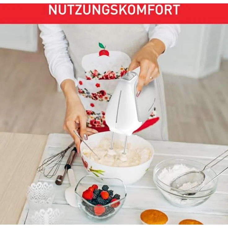 Tefal HT450B Prep'Mix Handmixer | 450 Watt | 5 Geschwindigkeiten | 2 Schneebesen und 2 Knethaken aus Edelstahl | vielseitiger Handmixer | ergonomisches Design | spülmaschinenfestes Zubehör | Weiß-Grau – Bild 6