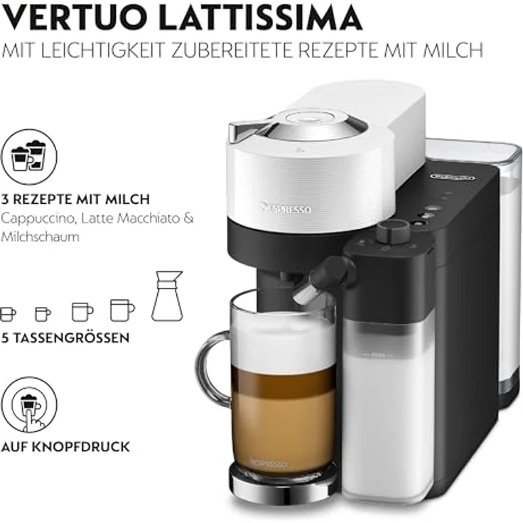 De'Longhi Nespresso Vertuo Lattissima ENV300.W, Kaffeekapselmaschine mit Automatischem Milchaufschäumsystem, 5 Tassengrößen, 3 Milch-Rezepte, Einfache Bedienung, Mattweiß – Bild 2