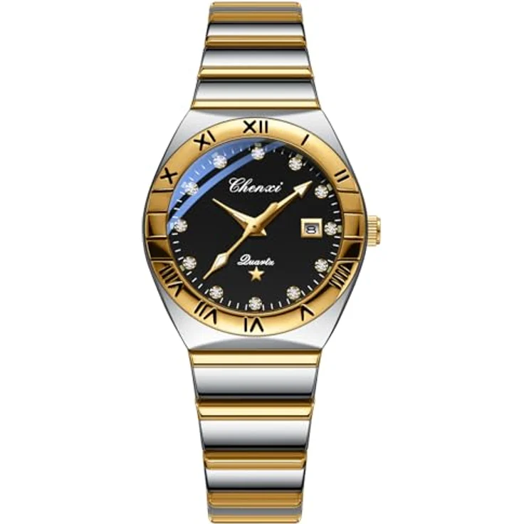 JewelryWe Damenuhr Edelstahl, 30m wasserdicht, Kalender Analog Quarz mit Römischen Ziffern und Strassskala, Schwarz rundes Zifferblatt, Gold/Silber Armband – Bild 1