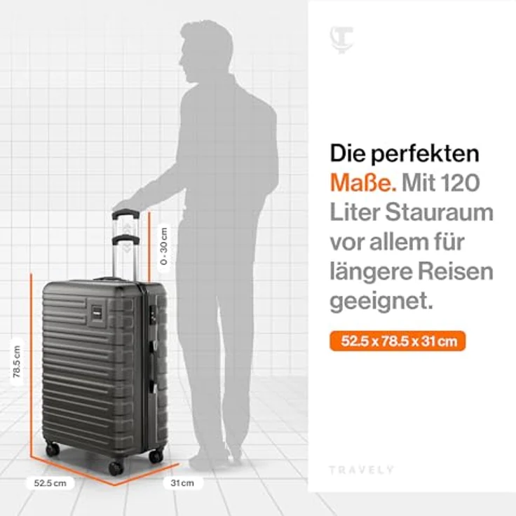 Travely Premium Koffer Groß: 28" Hartschalen Koffer mit 120L Volumen, sanfte Rollen & TSA Schloss, Schwarz – Bild 4
