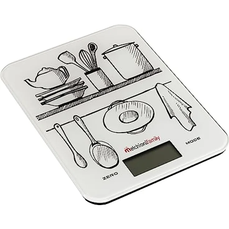 Melchioni Family | Ultrathin Digital Kitchen Scale, GLASS, 10 kg Kapazität, gehärtetes Glas, Weiß mit Fantasie
