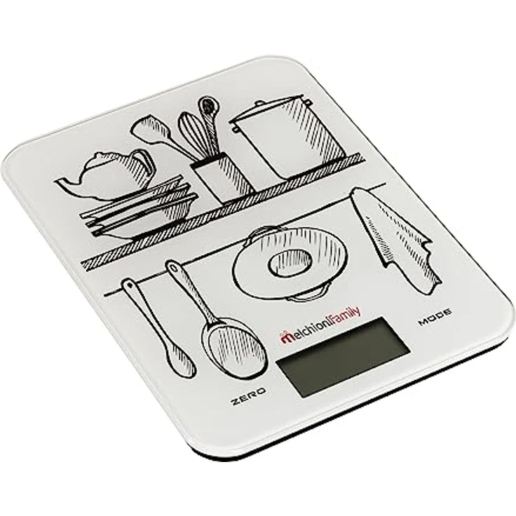 Melchioni Family | Ultrathin Digital Kitchen Scale, GLASS, 10 kg Kapazität, gehärtetes Glas, Weiß mit Fantasie – Bild 1