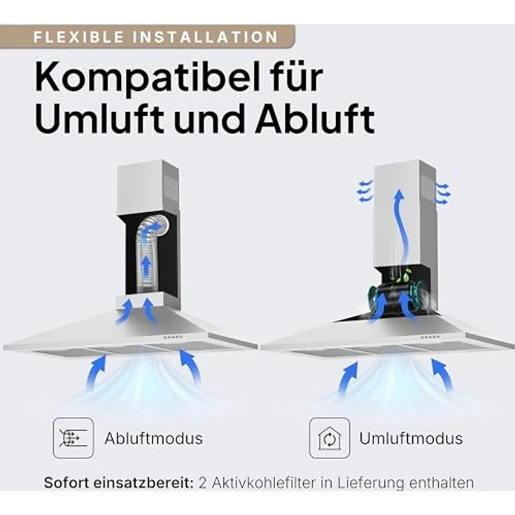 LEVIVO Dunstabzugshaube 90 cm, Umluft & Abluft, 410 m³/h Luftleistung, 2 Aktivkohlefilter, 3 Fettfilter, Wandhaube mit 3 Stufen, Edelstahl – Bild 8