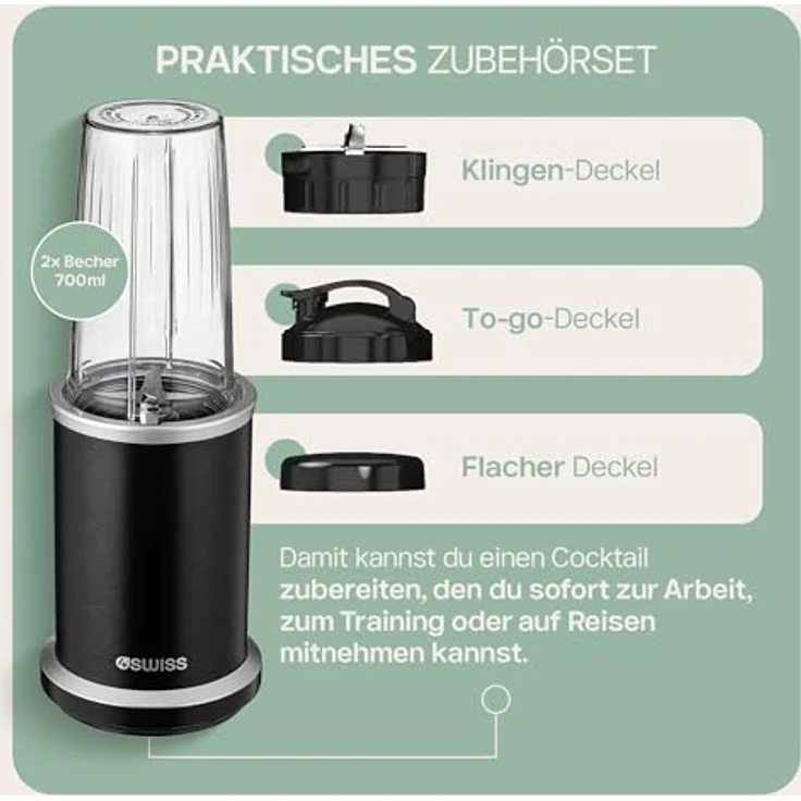 4Swiss NB102 Mixer Smoothie Maker, tragbarer Standmixer für Küche, leistungsstark, kompakt, schwarz – Bild 5