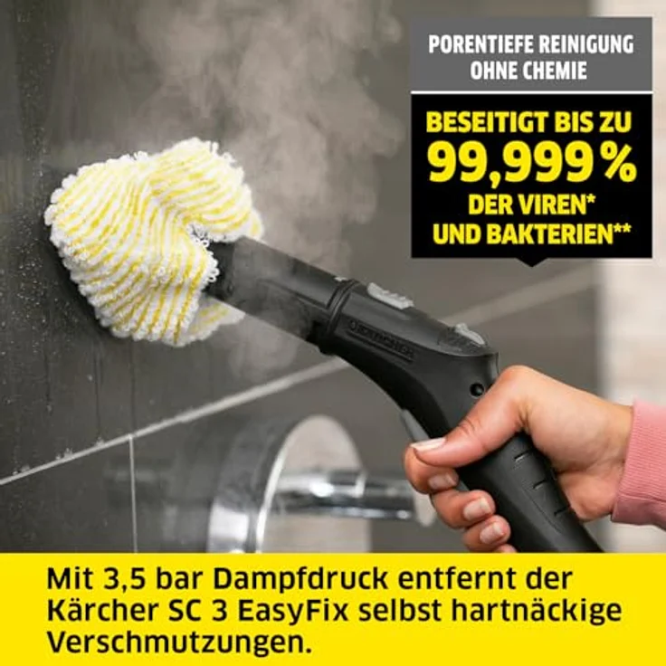 Kärcher Dampfreiniger SC 3 EasyFix, Dampfdruck: max. 3,5 bar, Aufheizzeit: 30 s, Leistung: 1.900 W, Flächenleistung: 75 m², Tank: 1 l, mit Entkalkungskartusche, Bodenreinigungsset und Düsen, Weiss – Bild 2