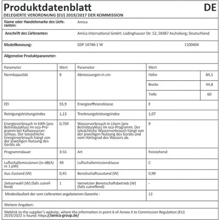 Amica GSP 14746-1 W, Geschirrspüler, E, Geräuschemissionsklasse C, Geräuschemissionen 49 Dezibel – Bild 4