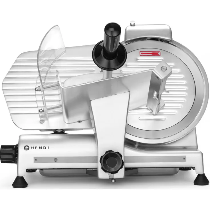 Hendi Profi Line 250 Aufschnittmaschine, Messerdurchmesser: 250mm, Allesschneider, Stufenlos einstellbare Schnittstärke (0-15mm), 230V, 320W, 485x420x(H)395mm, Aluminium, Edelstahl